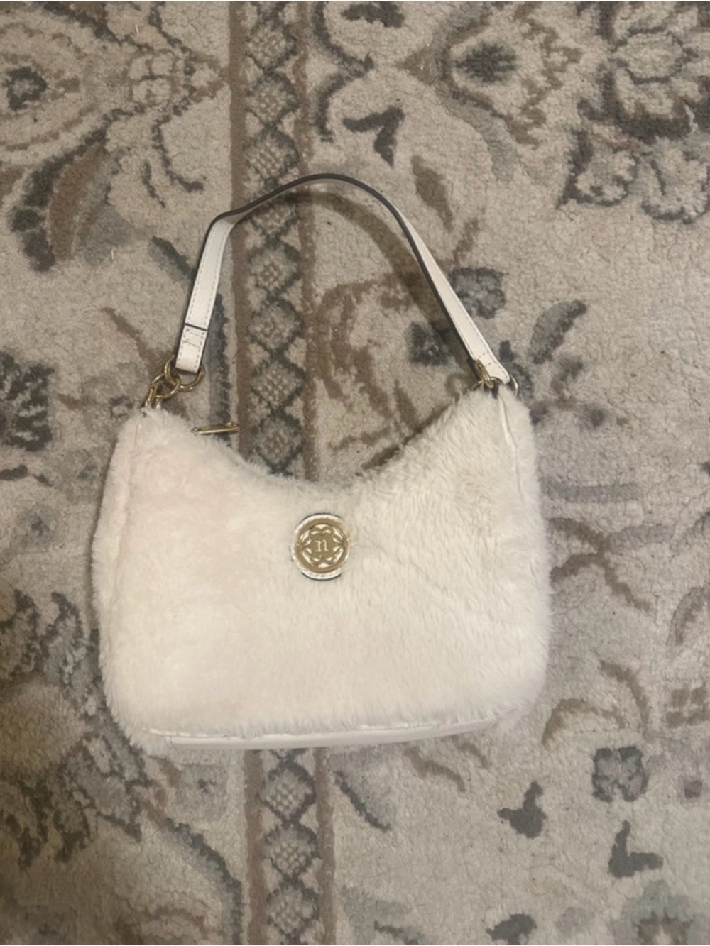 House of Harlow 1960 Cream Faux-Fur Shoulder Bag with Gold Emblem